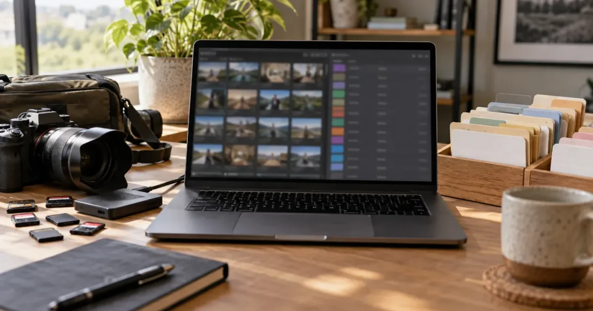 Illustration of a DaVinci Resolve editor tracing a Smart Bin metadata rule