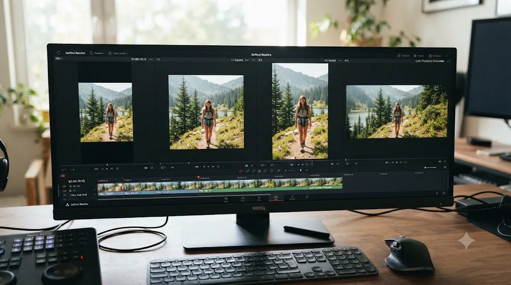 Illustration of the same DaVinci Resolve clip reframed to four different aspect ratios side by side