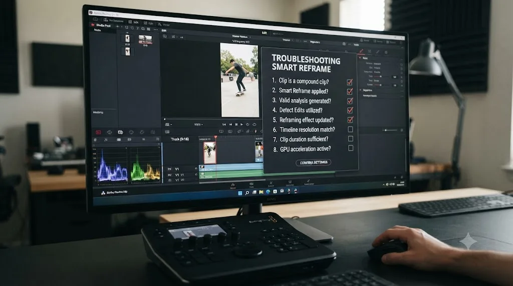 Illustration of a troubleshooting checklist overlaid on a DaVinci Resolve interface with a correctly reframed clip visible