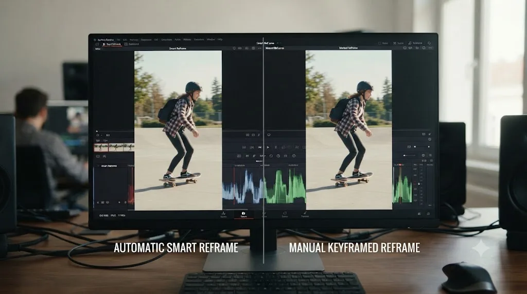 Illustration comparing an automatic Smart Reframe result against a manually keyframed version of the same clip