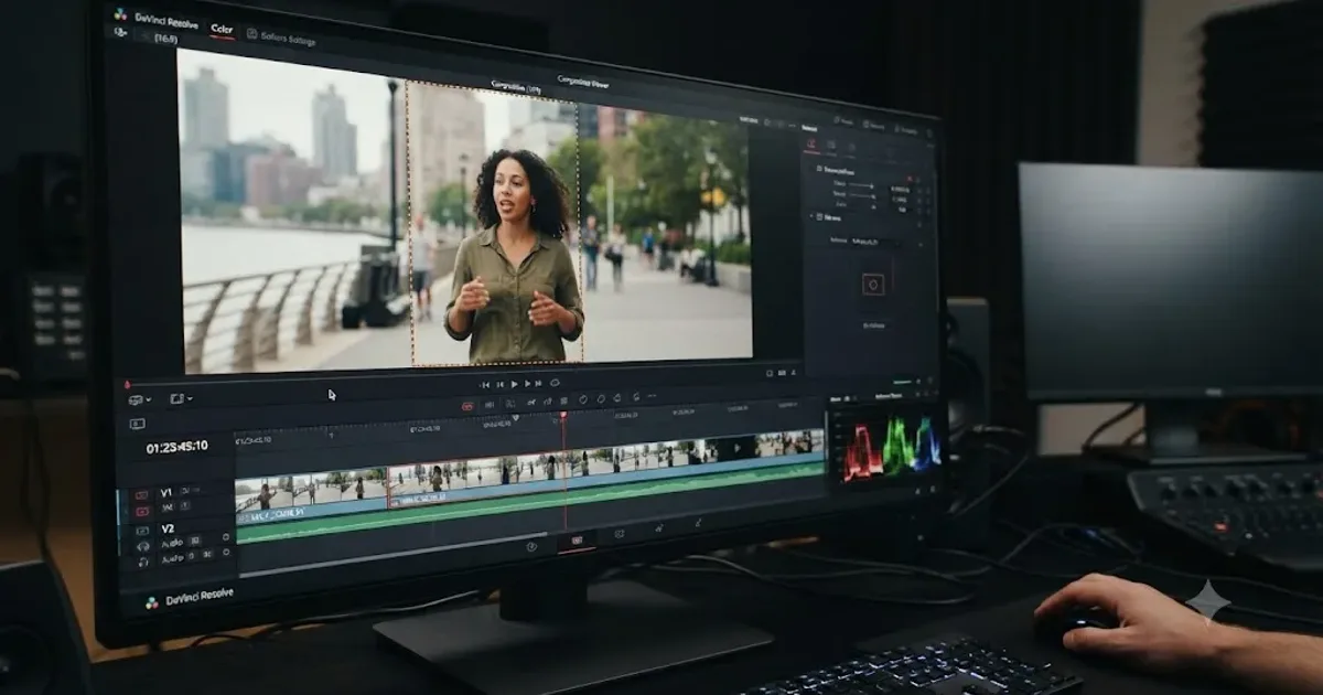 Illustration of a DaVinci Resolve timeline with a vertical reframe box drifting off a subject in the frame