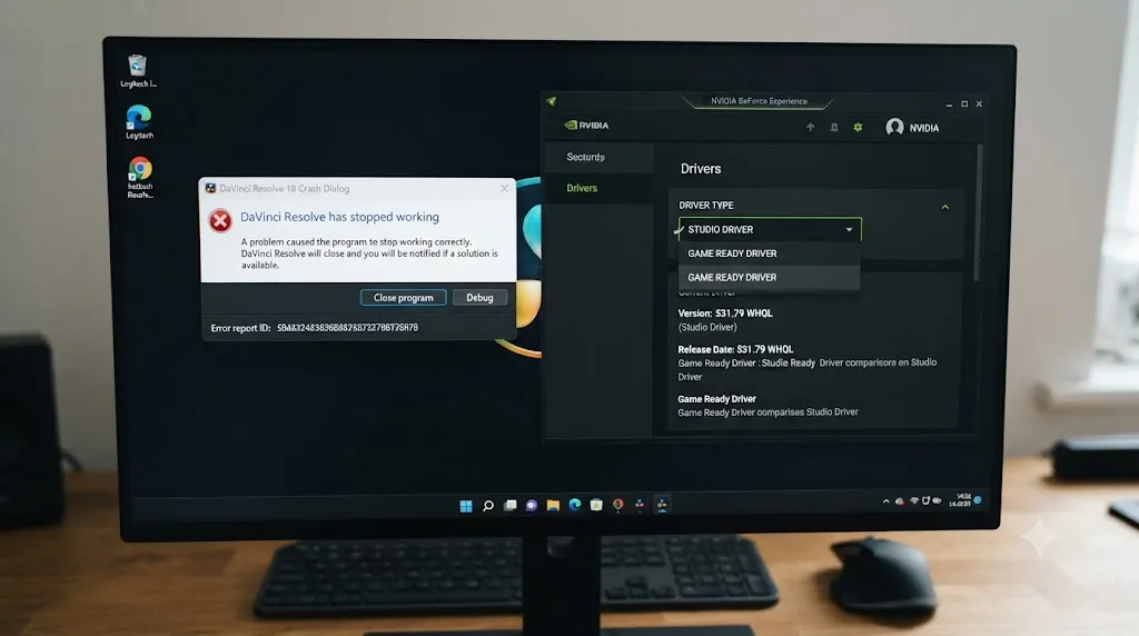 Illustration of a DaVinci Resolve crash dialog beside a GPU driver settings panel showing driver channel options