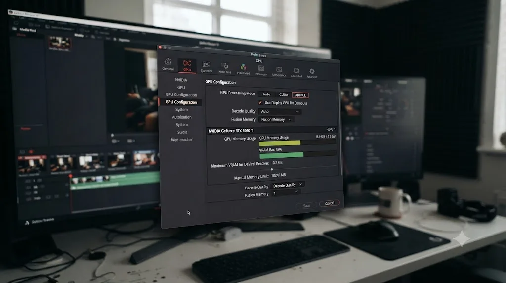 Illustration of a GPU processing mode settings panel with memory usage indicators in DaVinci Resolve Preferences