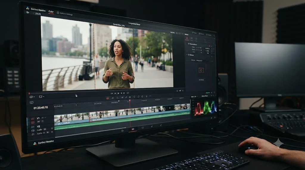 Illustration of a DaVinci Resolve timeline with a vertical reframe box drifting off a subject in the frame