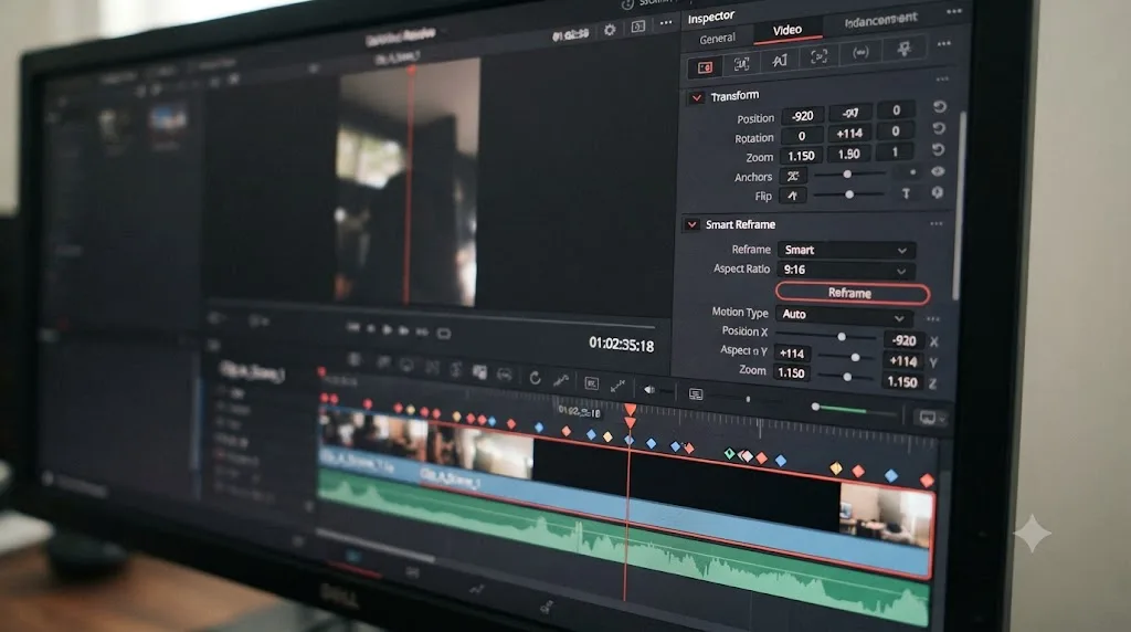 Illustration of the DaVinci Resolve Inspector Transform panel showing Smart Reframe controls above keyframe markers