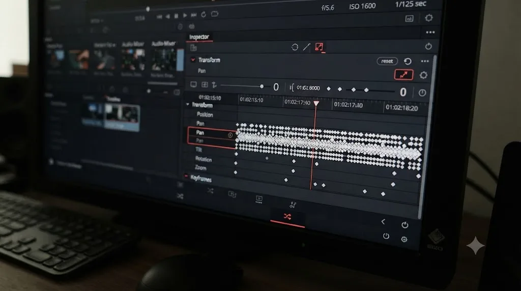 Illustration of a DaVinci Resolve Keyframes panel showing a dense row of keyframe markers on a Transform parameter