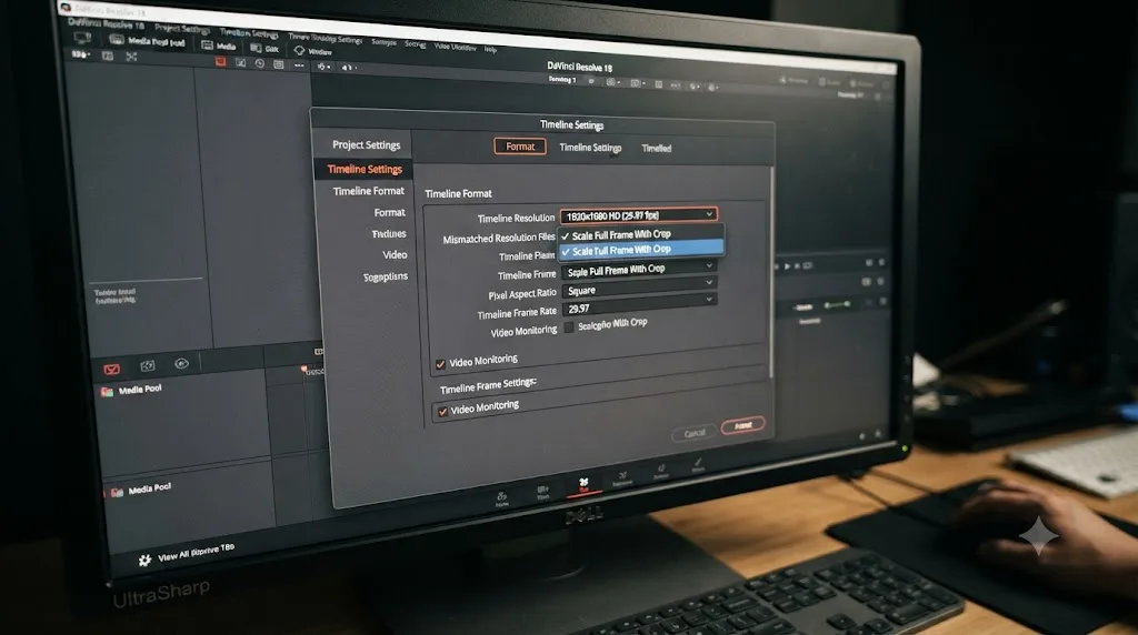 Illustration of the DaVinci Resolve Timeline Settings Format tab with Scale Full Frame With Crop selected