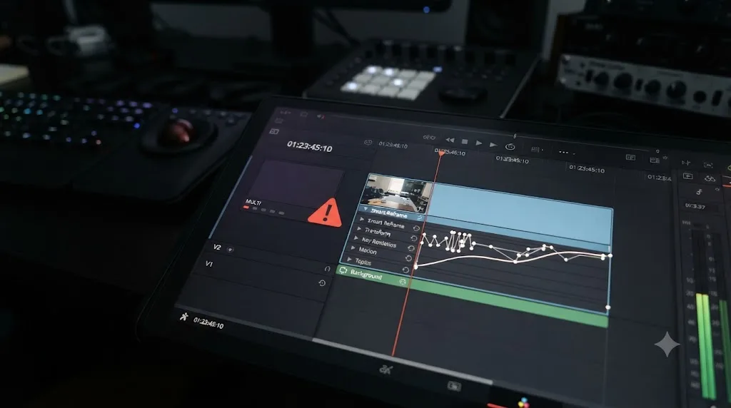 Illustration of a DaVinci Resolve multicam clip with a warning symbol next to a flattened clip showing clean reframe keyframes