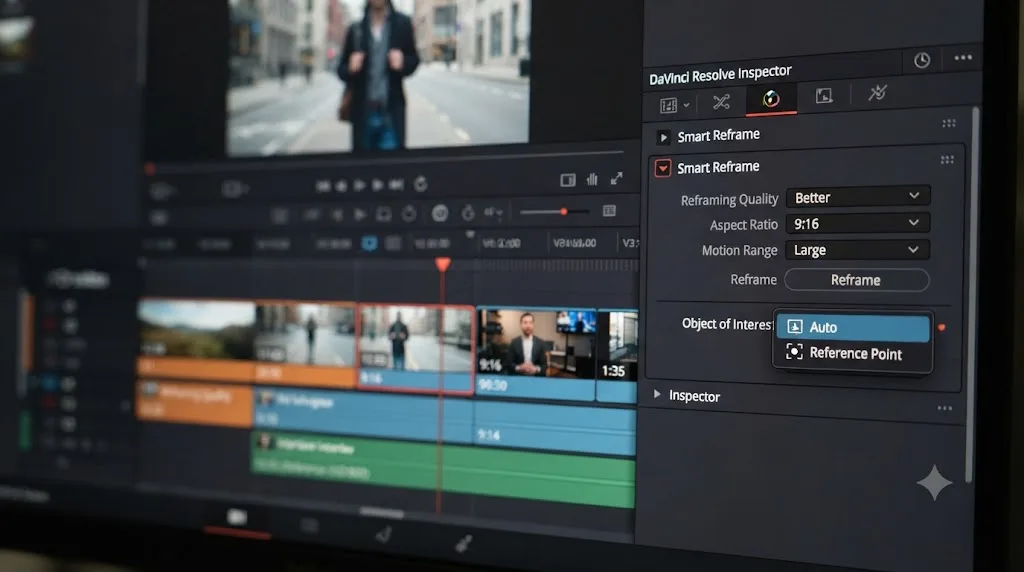 Illustration of the DaVinci Resolve Smart Reframe Object of Interest dropdown with Auto and Reference Point options