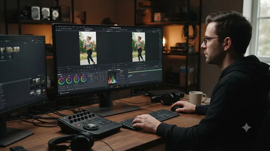 Illustration comparing DaVinci Resolve Smart Reframe and Adobe Premiere Pro Auto Reframe processing the same clip