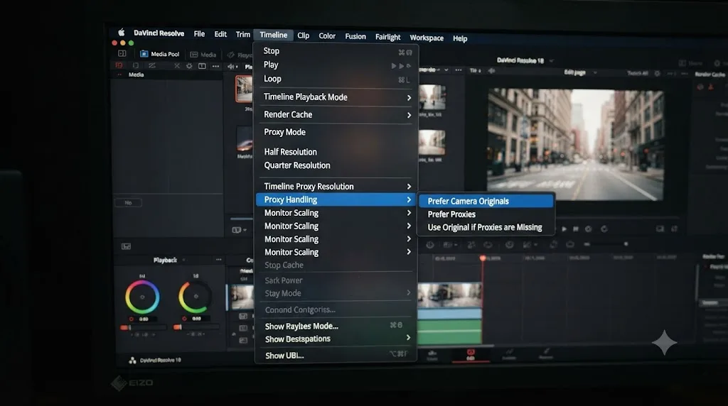 Illustration of the DaVinci Resolve Playback menu with Proxy Handling expanded and Prefer Camera Originals highlighted