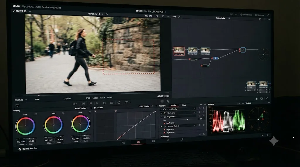 Illustration of a DaVinci Resolve tracking box drifting away from a person onto empty background