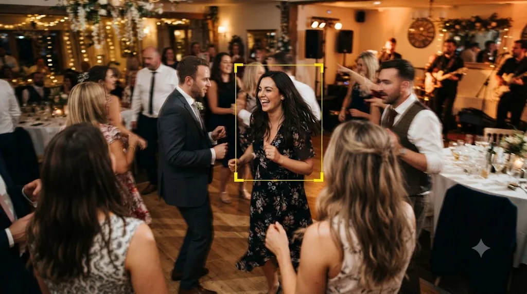 Illustration of a wedding reception scene with a tracking box highlighting one manually selected subject among several people