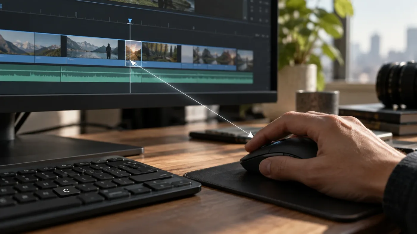 Illustration of the DaVinci Resolve playhead moving to the mouse pointer with the C shortcut
