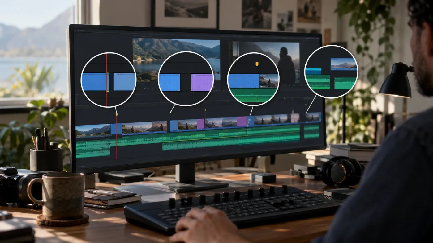 Illustration of four DaVinci Resolve snapping problems involving clips, a playhead, guides, and a keyboard shortcut