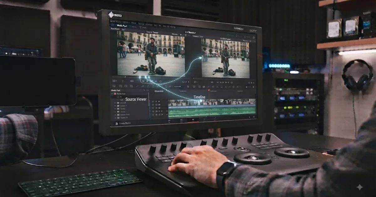 Illustration of the DaVinci Resolve Source Viewer and Timeline Viewer side by side