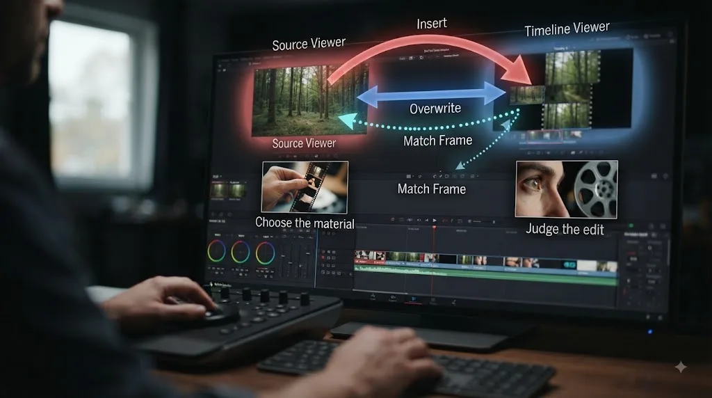 Illustration of choosing the Source Viewer for material and the Timeline Viewer for the edited result in DaVinci Resolve