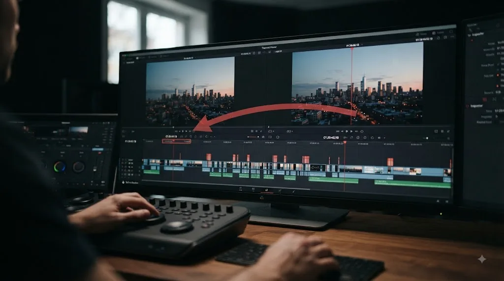 Illustration of Match Frame linking a DaVinci Resolve timeline frame back to its source clip
