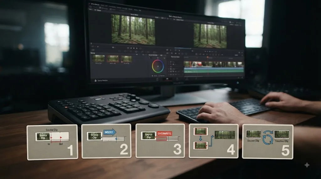 Illustration of five practice exercises for learning DaVinci Resolve source and timeline viewers