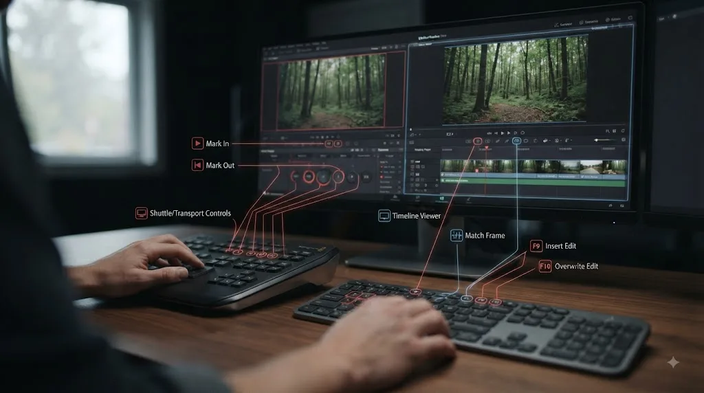 Illustration of DaVinci Resolve viewer shortcuts for source and timeline editing