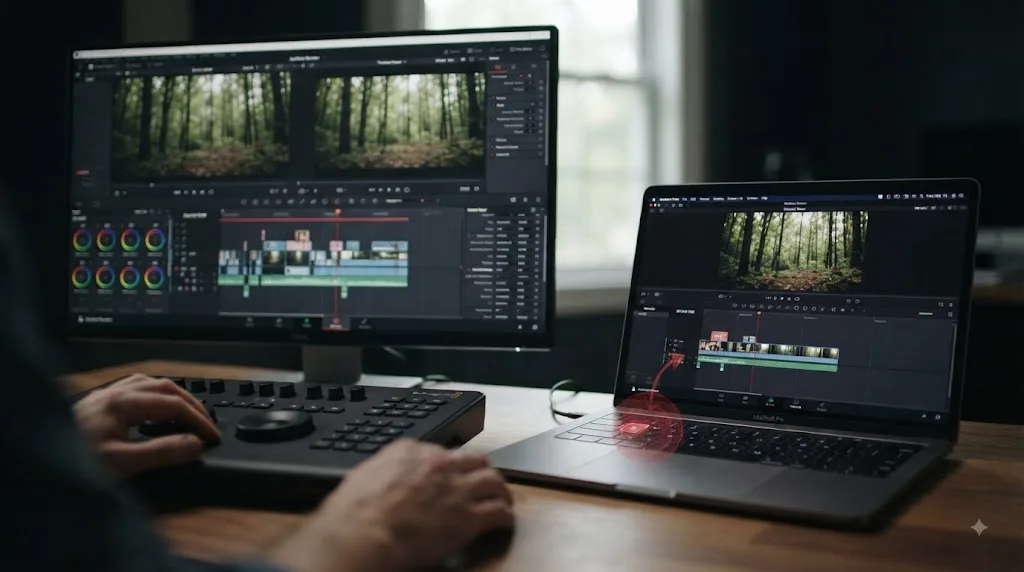 Illustration of dual-viewer and single-viewer DaVinci Resolve layouts
