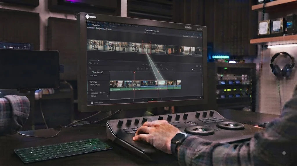 Illustration of a source clip with marked In and Out points separate from the edited DaVinci Resolve timeline