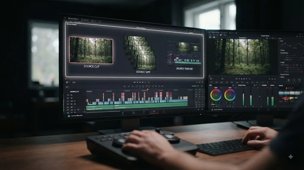 Illustration of Source Clip, Source Tape, and Source Timeline as source-side DaVinci Resolve workflows