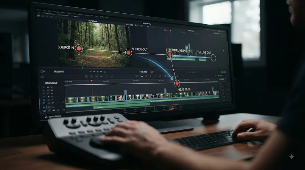 Illustration of three-point editing between the DaVinci Resolve Source Viewer and timeline