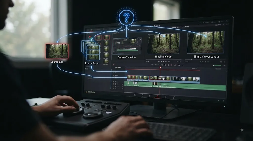Illustration of a troubleshooting tree for DaVinci Resolve Source Viewer and Timeline Viewer confusion