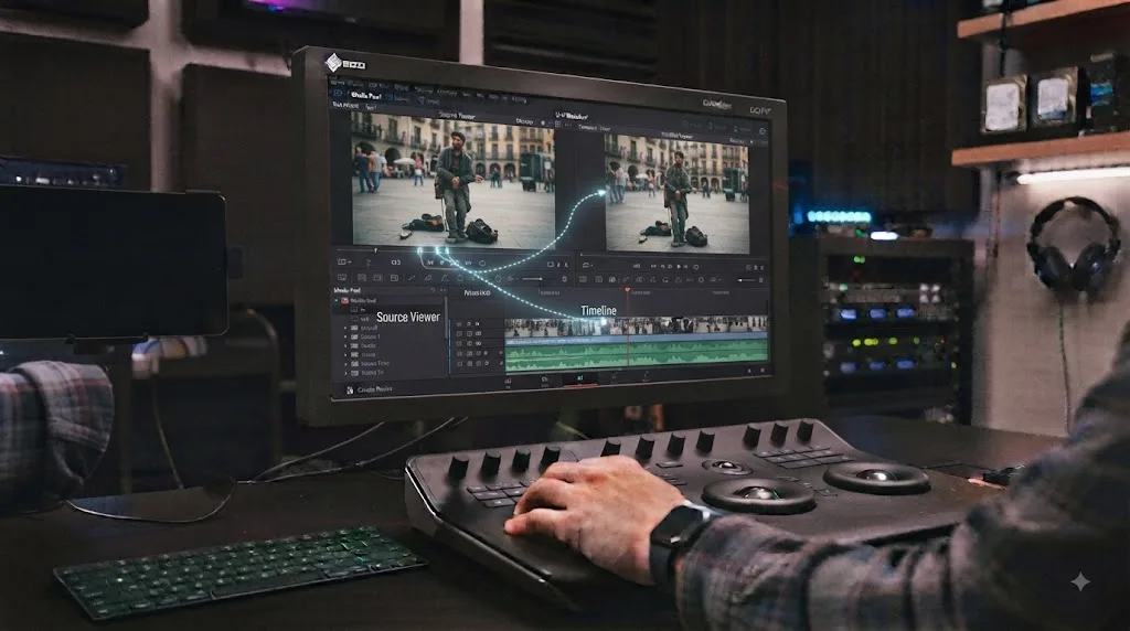 Illustration of the DaVinci Resolve Source Viewer feeding selected media into the Timeline Viewer
