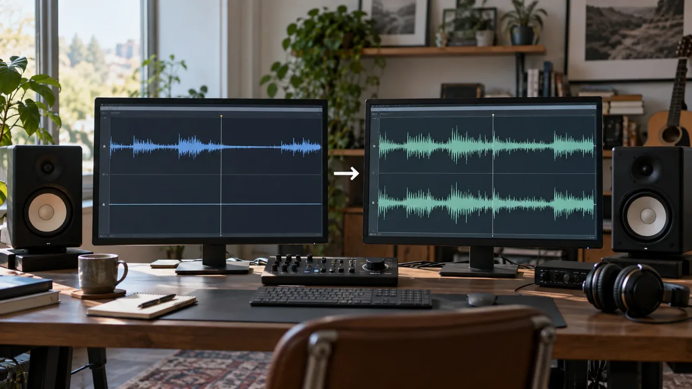 Illustration of a DaVinci Resolve one-channel audio repair with centered playback