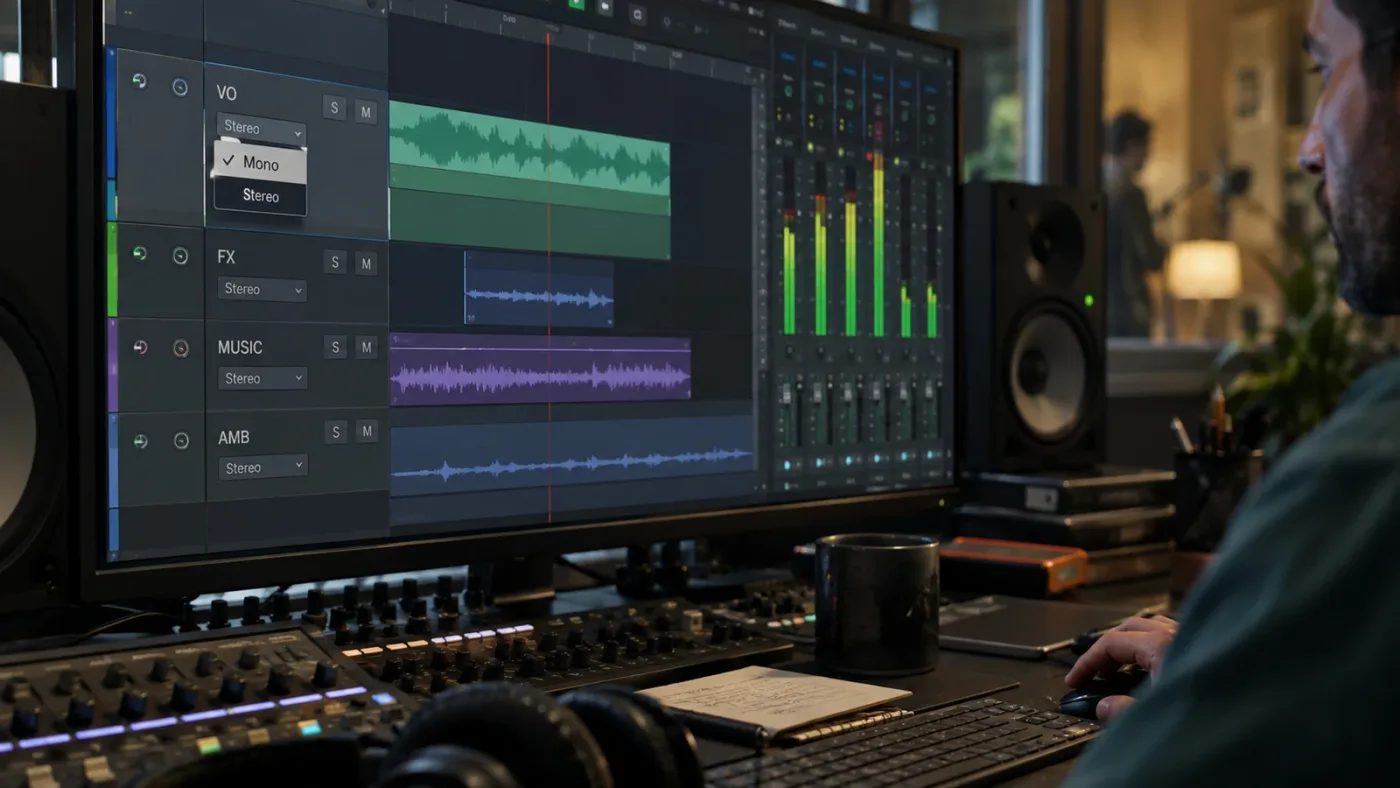 Illustration of matching a DaVinci Resolve mono clip to a mono timeline track