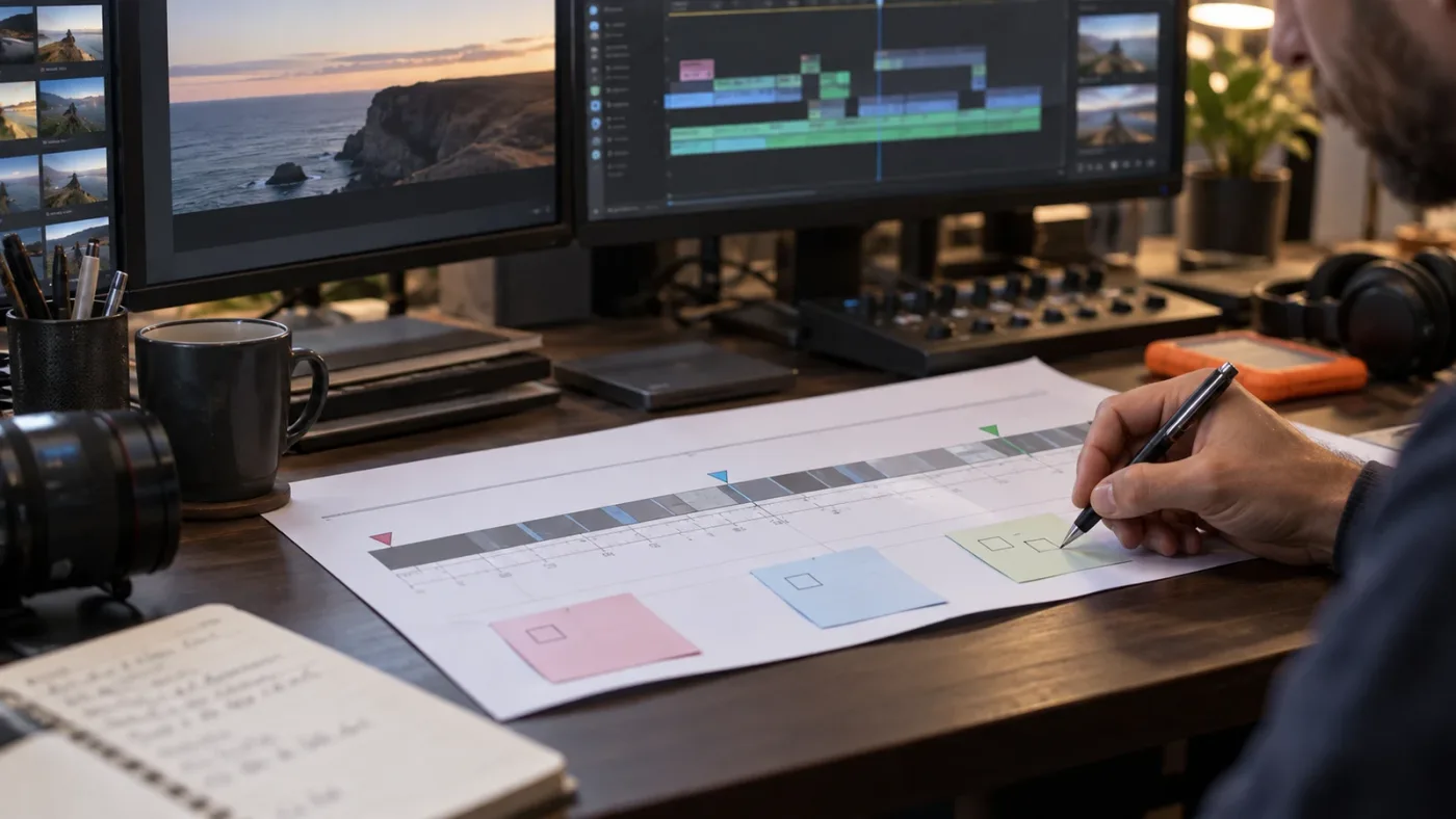 Illustration of checking subtitle timing at three points in a DaVinci Resolve timeline