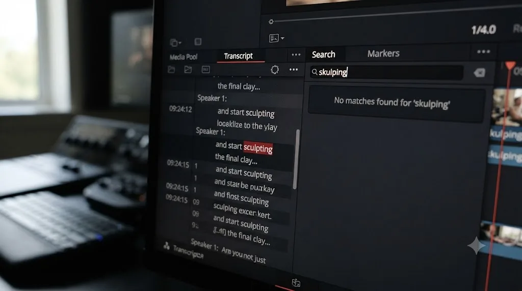 Illustration of a DaVinci Resolve transcript showing a misheard word causing a failed search match