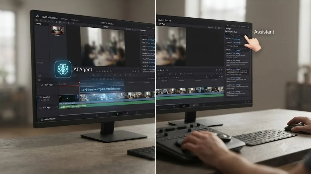 Illustration contrasting an AI agent automatically editing a timeline from a transcript with an assistant pointing at a transcript search control