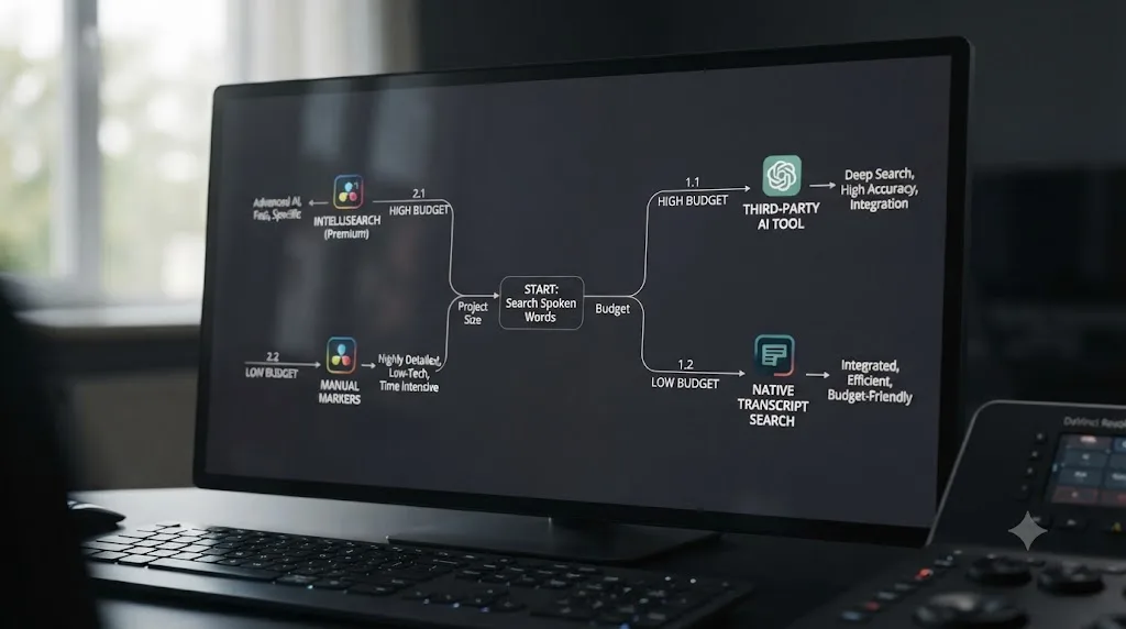 Illustration of a decision diagram comparing four ways to search DaVinci Resolve footage by spoken words based on budget and project size
