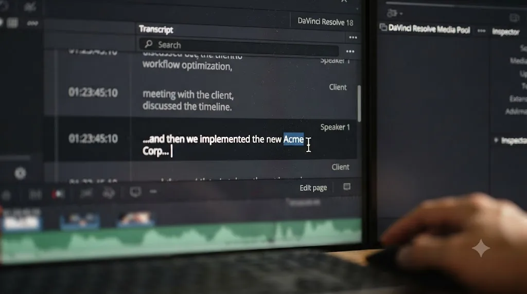 Illustration of a DaVinci Resolve transcript word being corrected directly in the Transcript window