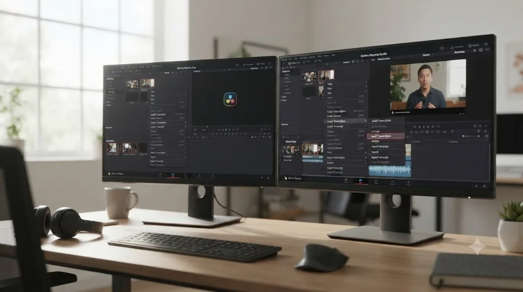 Illustration comparing DaVinci Resolve free version and Studio version right-click menus, showing the Studio-only Audio Transcription option