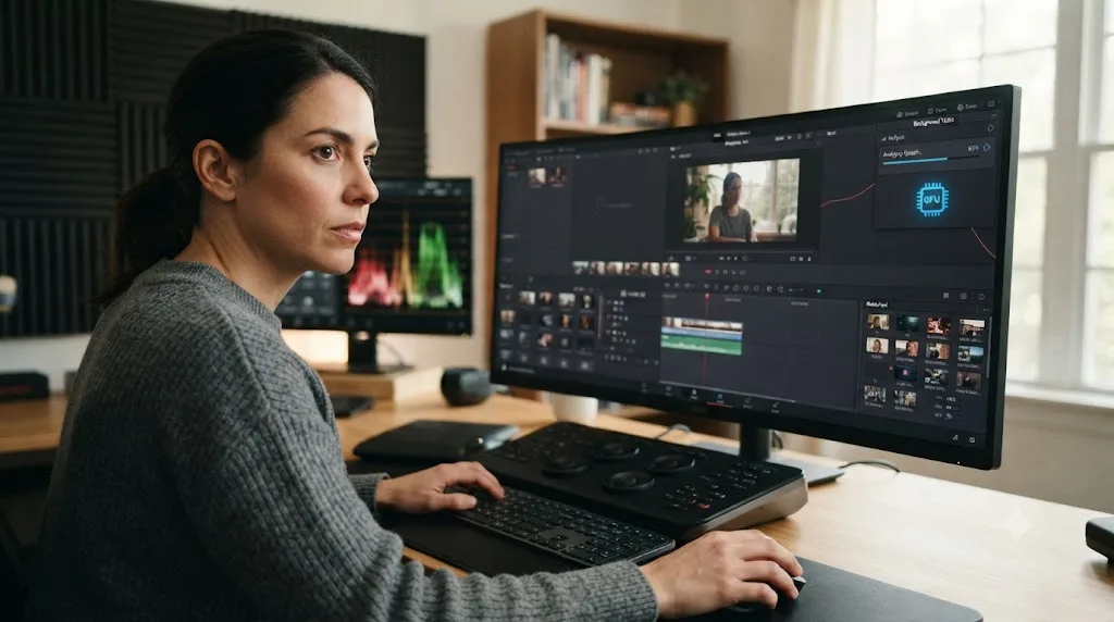 Illustration of DaVinci Resolve running AI Analysis in the background while an editor continues other project setup work