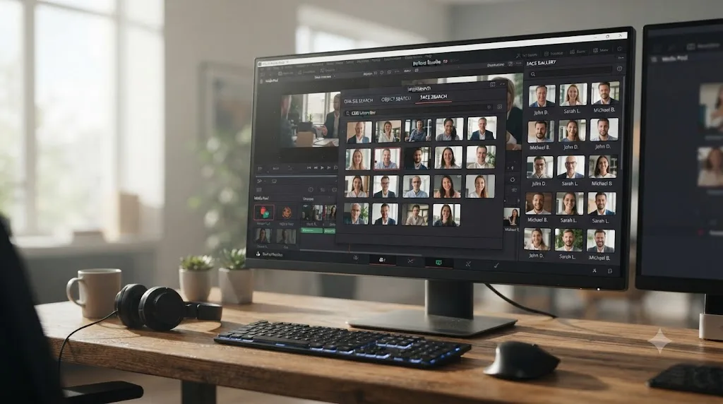 Illustration of DaVinci Resolve's IntelliSearch panel showing dialog, object, and face search modes with a face gallery grid