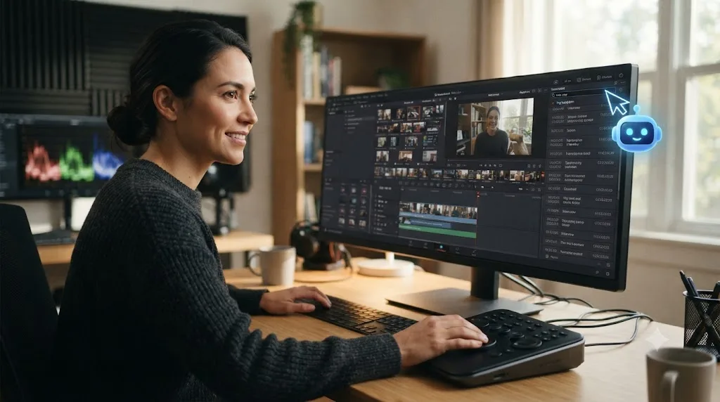 Illustration of an editor confidently using DaVinci Resolve's transcript search with an assistant overlay pointing at the search bar