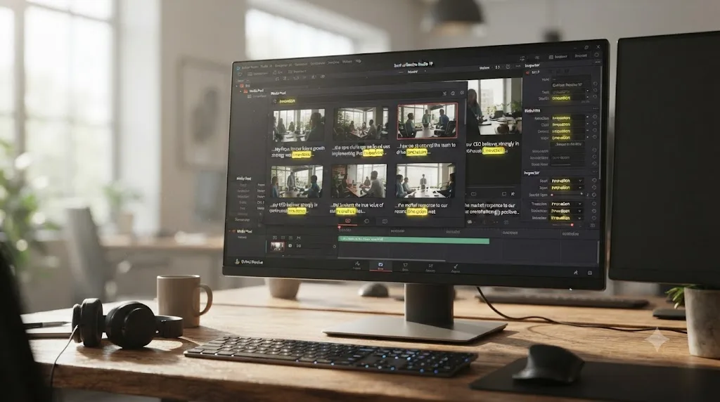 Illustration of six transcribed DaVinci Resolve clips being searched simultaneously for the same spoken word