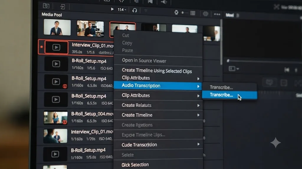 Illustration of the DaVinci Resolve Media Pool context menu showing the Audio Transcription and Transcribe option