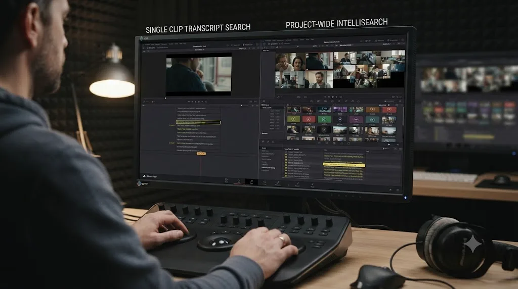 Illustration comparing single-clip transcript search to a project-wide search across many clips in DaVinci Resolve