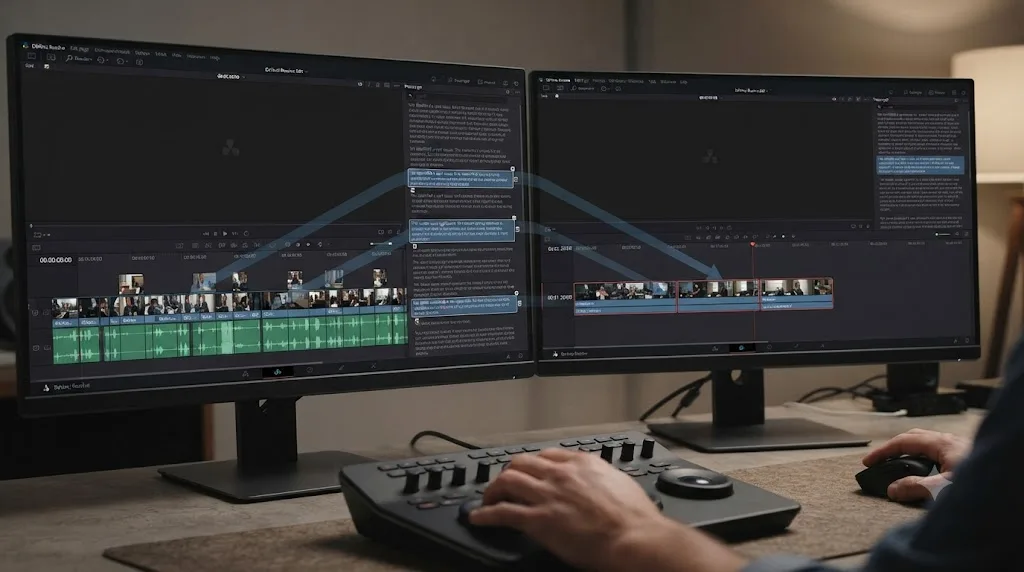 Illustration of a 40-minute interview timeline being reduced to a 90-second highlight sequence using transcript search selections