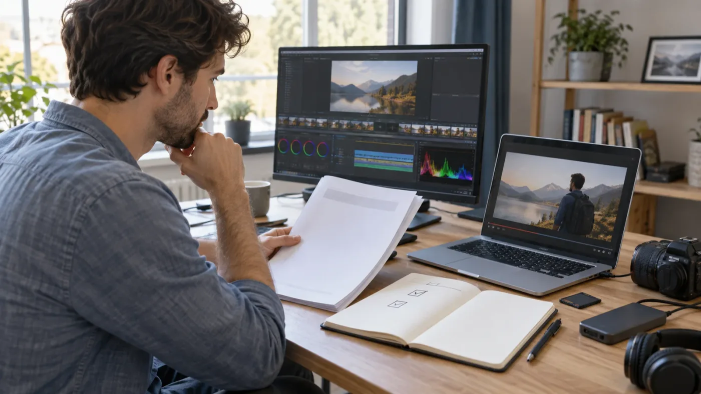 Illustration of a learner comparing a DaVinci Resolve training PDF with a video lesson