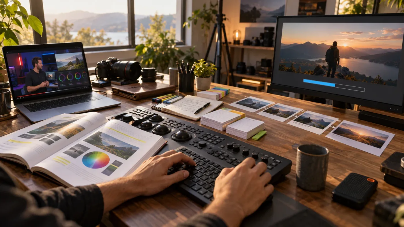 Illustration of a hybrid DaVinci Resolve learning path from lesson to finished project