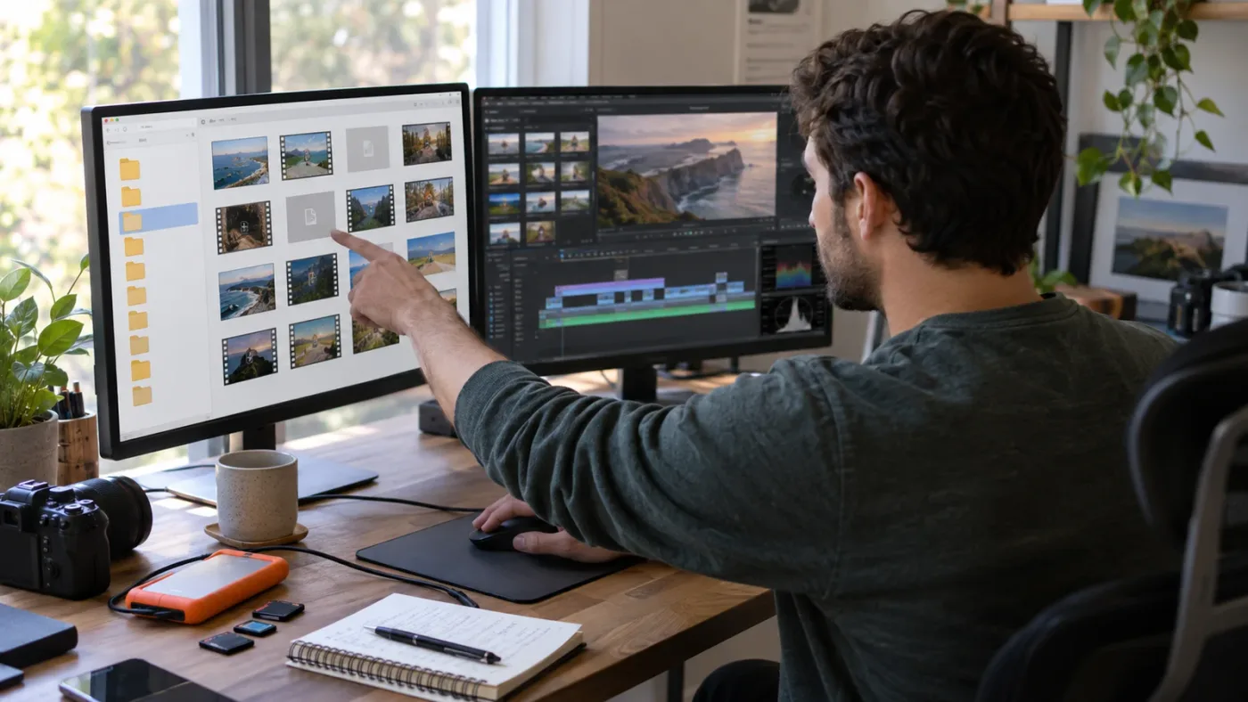Illustration of a DaVinci Resolve learner relinking training media