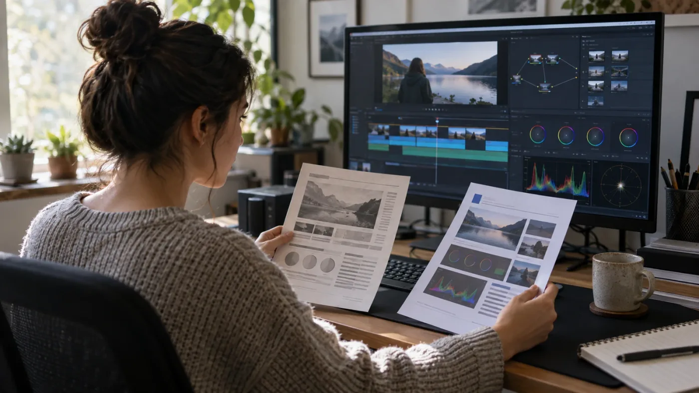Illustration of a learner checking DaVinci Resolve training version differences