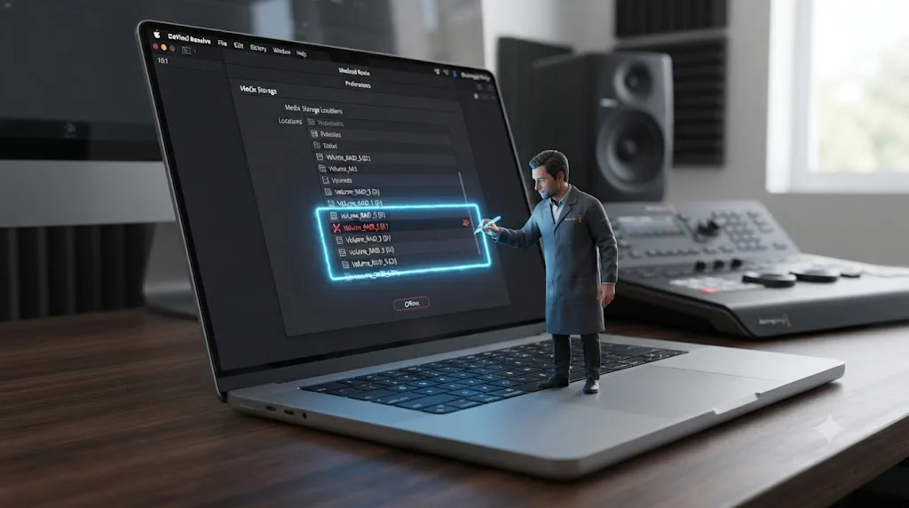 Illustration of an assistant drawing a glowing box around a broken entry in a DaVinci Resolve media storage list
